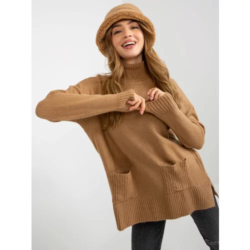 Fashion Hunters Camel long oversize sweater with pockets and turtleneck