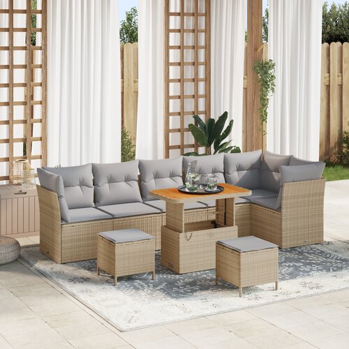 vidaXL 9-delni vrtnarski kavčni set z oblazinjenjem Bež Poli Ratan Acacia Cene