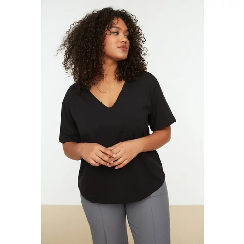 Trendyol Curve Black V-Neck Basic Knitted T-Shirt