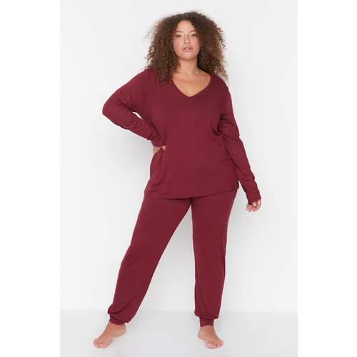 Trendyol Curve Claret Red Single Jersey V Neck Knitted Pajamas Set
