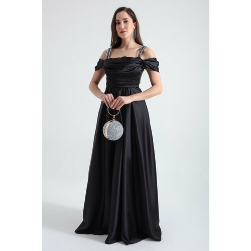 Lafaba Women's Black Stone Strap Draped Long Satin Evening Dress Cene