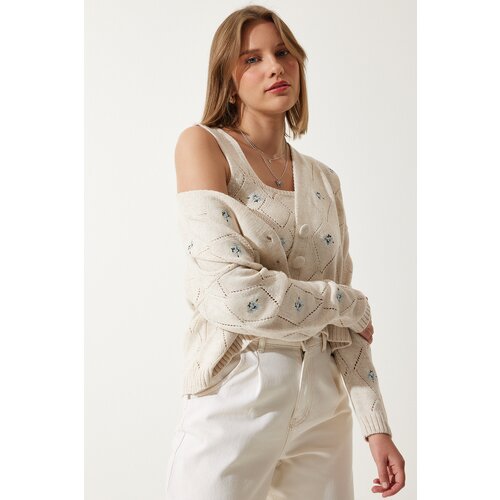  Women's Cream Floral Embroidered Cardigan Athlete Knitwear Suit Cene