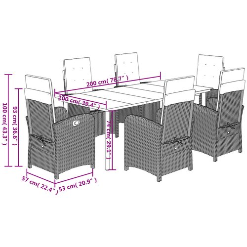  7-dijelni vrtni blagovaonski set s jastucima poliratan smeđi Smeđa 200 cm table length Slike