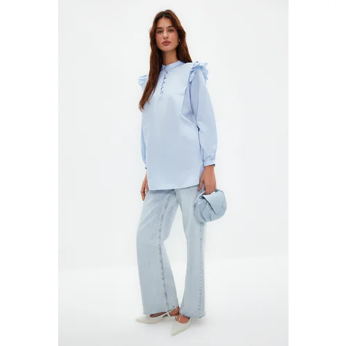 Trendyol Light Blue Ruffle Detail Cotton Blended Woven Shirt