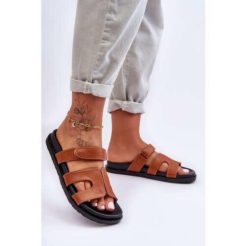 Kesi Classic leather flip-flops for women with Velcro brown Amedon Slike