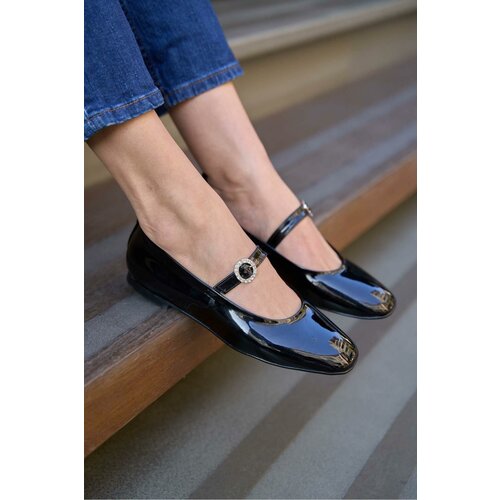 Madamra Black Patent Leather Women's Flat Toe Single Band Flat Shoes Cene