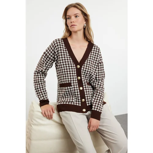 Trendyol Brown Wide Fit Houndstooth Knitwear Cardigan