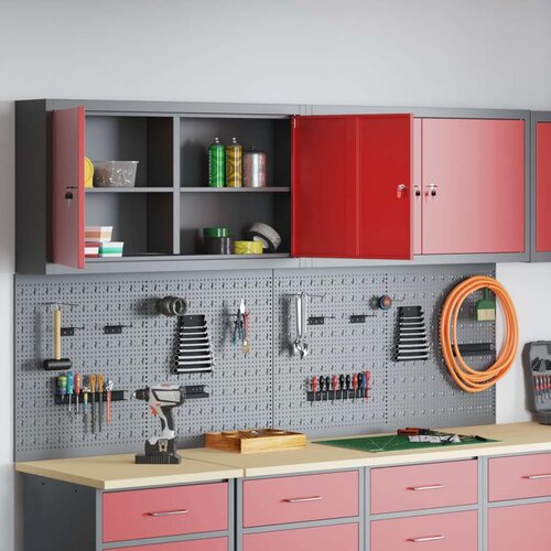  6-dijelni set ormar s alatima i panel za pribor zidna montaža crveni metal Slike