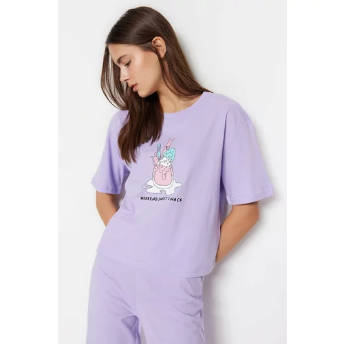 Trendyol Lilac 100% Cotton Fun Printed T-shirt-Pants Knitted Pajama Set