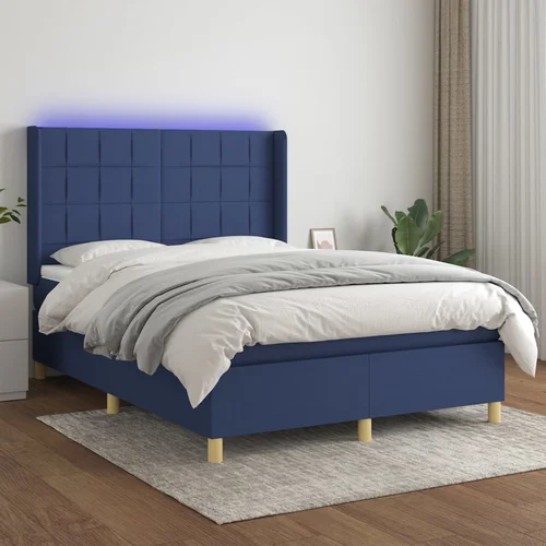 vidaXL Box spring postelja z vzmetnico LED modra 140x190 cm blago