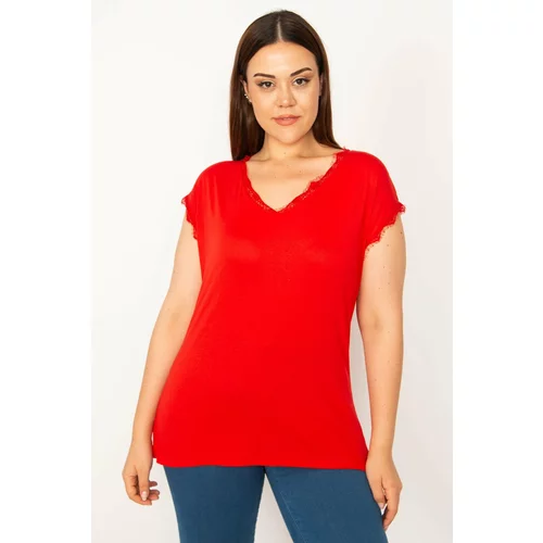 Şans Women's Plus Size Red Lace Detailed Blouse