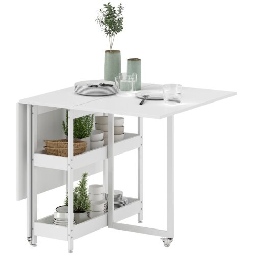 Nesta Zložljiva jedilna miza, bela, za 2&ndash;4 osebe, z 2 odprtima policama, premična kuhinjska miza za manj&scaron;e prostore, 133,4&times;80&times;75 cm, (5000493513) Cene