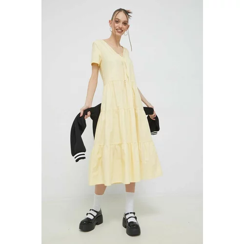 Tommy Jeans Pamučna haljina boja: žuta, midi, širi se prema dolje