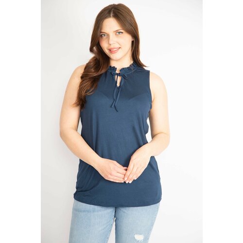 Şans Women's Navy Blue Plus Size Sleeveless Blouse with Ruffle And Lace Up Detail Cene