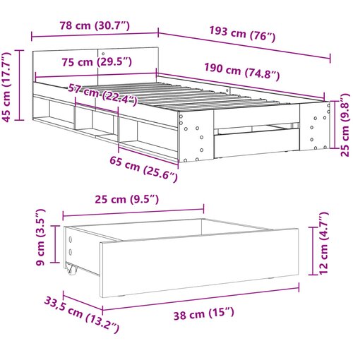  Okvir kreveta s ladicom boja dimljenog hrasta 75x190 cm drveni Slike