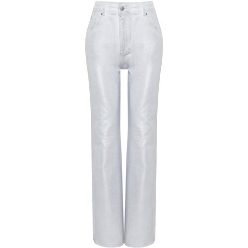 Trendyol White Shiny Metallic Printed High Waist Wide Leg Jeans Cene