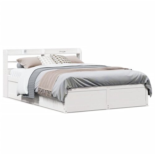 VidaXL Posteljni okvir z vzglavjem bel 135x190 cm trdna borovina Slike