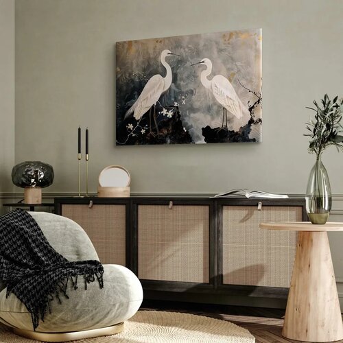  Slika - Herons and cherry blossoms - oriental-style illustration depicting birds 90x60 Na talijanskom platnu Slike