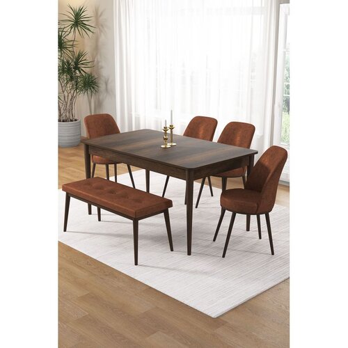 Hanah home trpezarijski set Pir, sto, 4 stolice i klupa, ploča u dekoru drveta Baroque, terakota tkanina Babyface Cene