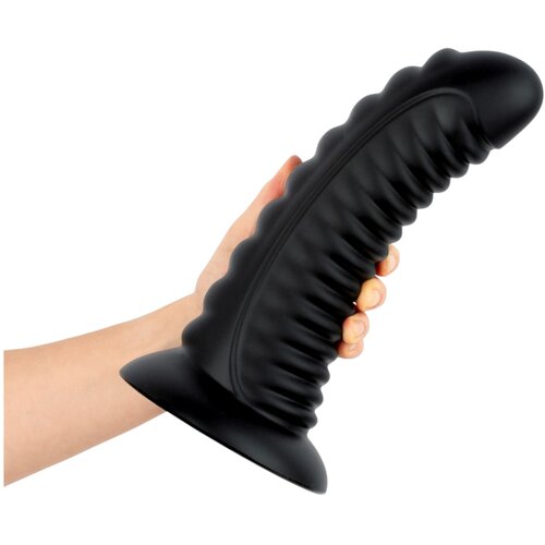 BUTTR Double Ribbed - veliki rebrasti analni čep (crni) - 26 cm Slike