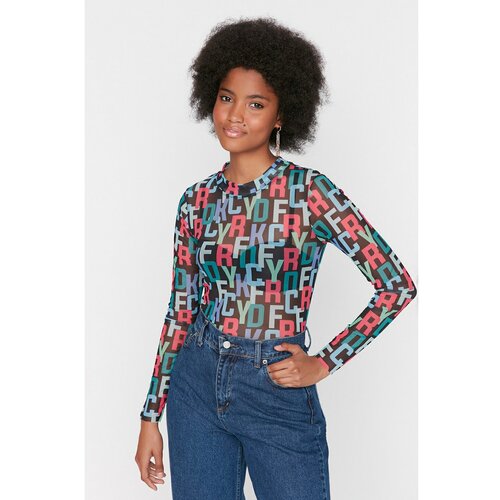 Trendyol Blue Printed Stand Up Collar Tulle Knitted Blouse Cene