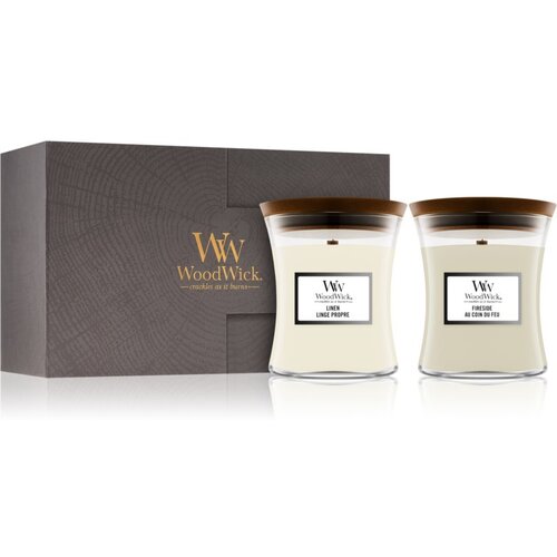 WoodWick Fireside & Linen darilni set (gift box) z lesenim stenjem Cene