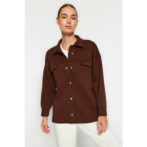 Trendyol Brown Oversize/Wide Fit Polo Jacket with Pockets and Buttons, Fleece Inner Knitted Jacket Cene