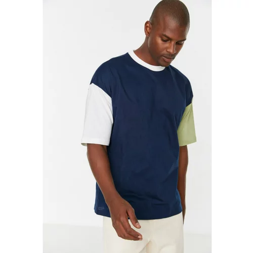 Trendyol Navy Blue Men's Oversize Fit Short Sleeve Crew Neck Paneled T-Shirt