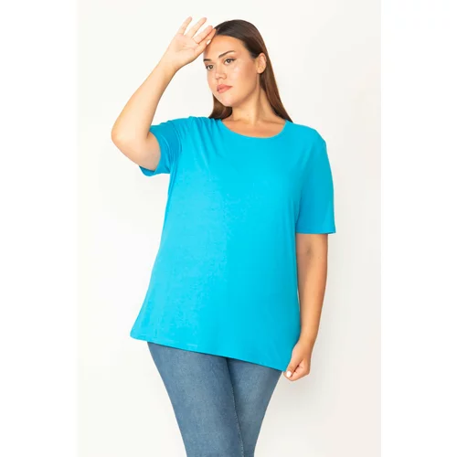 Şans Women's Plus Size Turquoise Cotton Fabric Crew Neck Short Sleeve Blouse