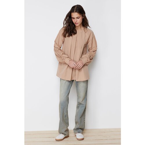 Trendyol Beige Sleeves Gather Detailed Cotton Woven Tunic Cene