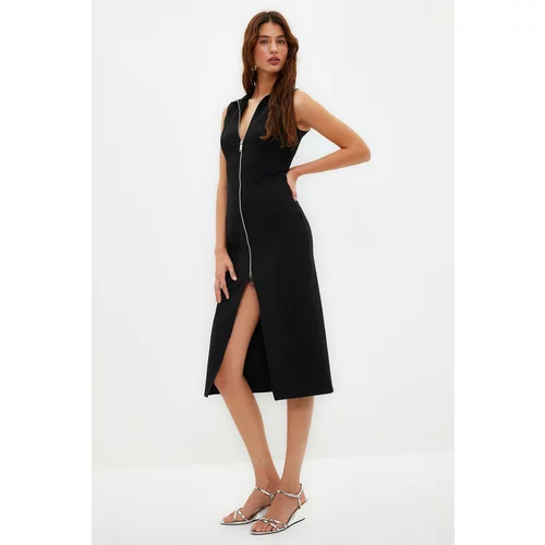 Trendyol Black Zipper Detailed Bodycone/Fitting Flexible Midi Knitted Dress