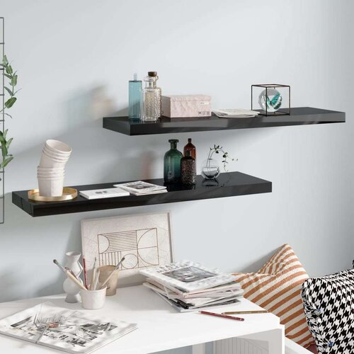 vidaXL plutajuće zidne police 2 kom sjajne crne 90 x 23,5 x 3,8 cm MDF Cene