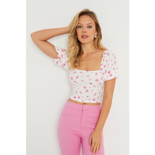 Cool & Sexy Women's Floral Crop Blouse White Cene