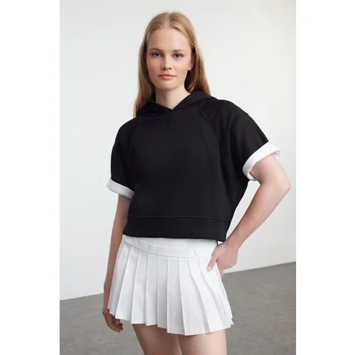 Trendyol Black Moon Sleeve Hooded Crop Relaxed/Comfortable Fit Knitted Sweatshirt