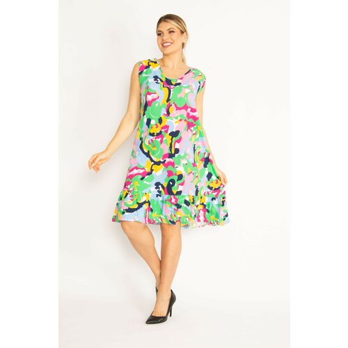 Şans Women's Plus Size Colorful Woven Viscose Fabric V-Neck Skirt Multicolored Tiered Dress Slike