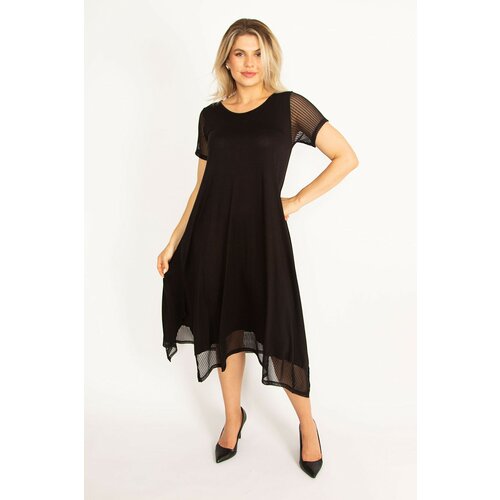 Şans Women's Plus Size Black Sleeves And Hem Tulle Detailed Side Slit Dress Slike
