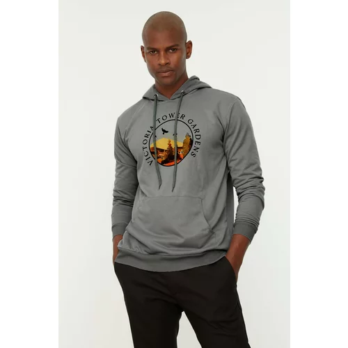 Trendyol Men's Gray Men's Regular/Regular Fit Hooded Long Sleeve Printed Sweatshirt