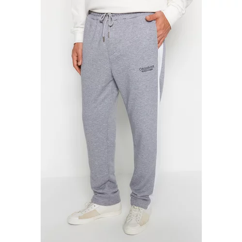 Trendyol Men's Gray Men's Regular/Regular Cut Contrast Color Paneled Embroidered Text, Regular Leg Thick Sweatpants.
