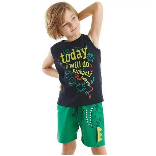 Denokids Today Boys' Navy Blue Sleeveless T-shirt with Green Shorts Summer Suit.