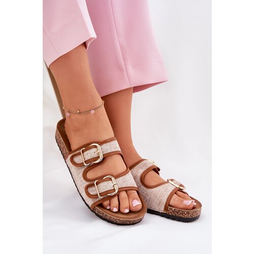 Boto Fabric Women's Slippers on Cork Platform with Buckles Camel Osoffe Cene