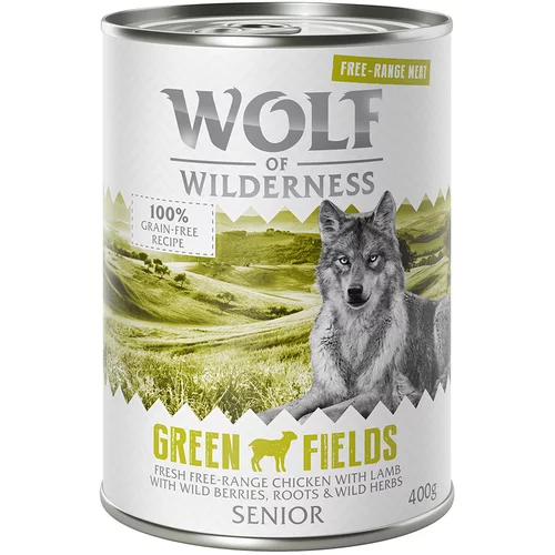 Wolf of Wilderness Varčno pakiranje Senior "Free-Range Meat" 24 x 400 g - Green Fields - jagnjetina & piščanec iz proste reje