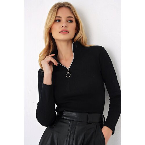 Trend Ala&amp;ccedil;atı Stili Women&amp;#039;s Black Zipper Front Ribbed Half Turtleneck Blouse Slike