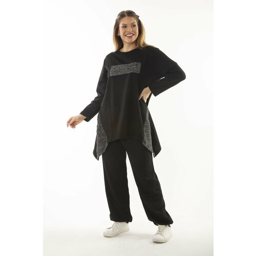 Şans Women's Plus Size Black Silvery Detailed Sweatshirt Trousers Double Suit Slike