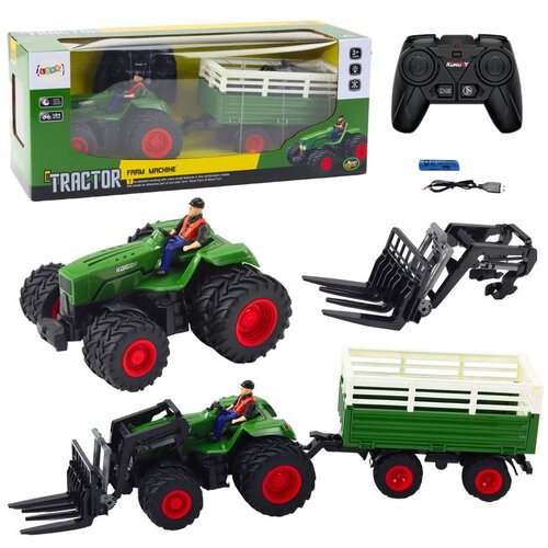 Rc daljinski upravljani poljoprivredni traktor s prikolicom i vilicama s dvostrukim kotačima Slike