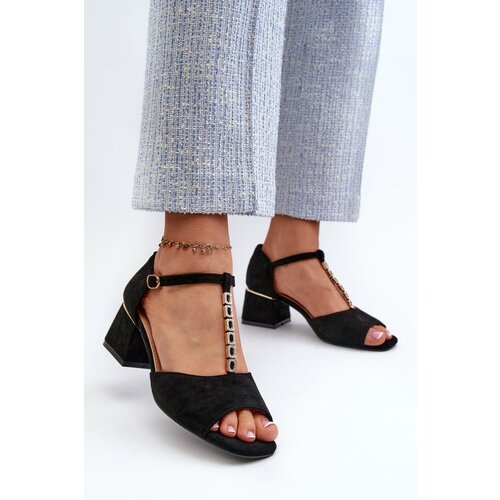 Kesi Women's sandals with block heel and decorative strap, Eco-friendly suede, Black Vanity Cene