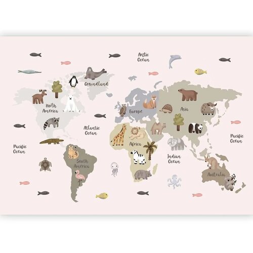  Foto tapeta - Pastel Map - Animals and Continents for Children\'s Room 450x315 Vodootporna Cene