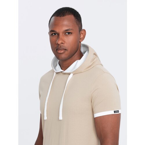 Ombre Men's casual cotton t-shirt with hood - beige Cene