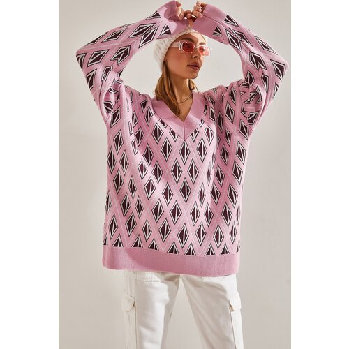 Bianco Lucci Women's V-Neck Patterned Knitwear Sweater Slike
