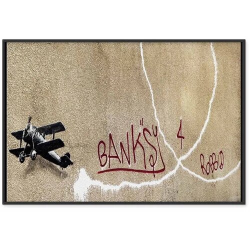  Slika - Banksy\&amp;#039;s Plane (1-part) - Red Graffiti Text on Mural Background 90x60 U crnom drvenom okviru Slike