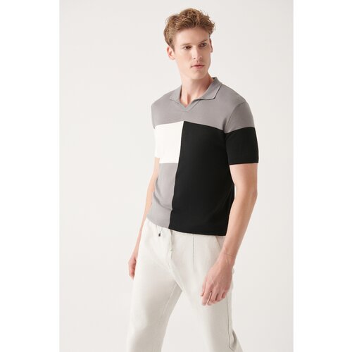 Avva Men's Gray Cotton Buttonless Polo Neck Block Color Ribbed Standard Fit Regular Cut Knitwear T-shirt A3 Cene